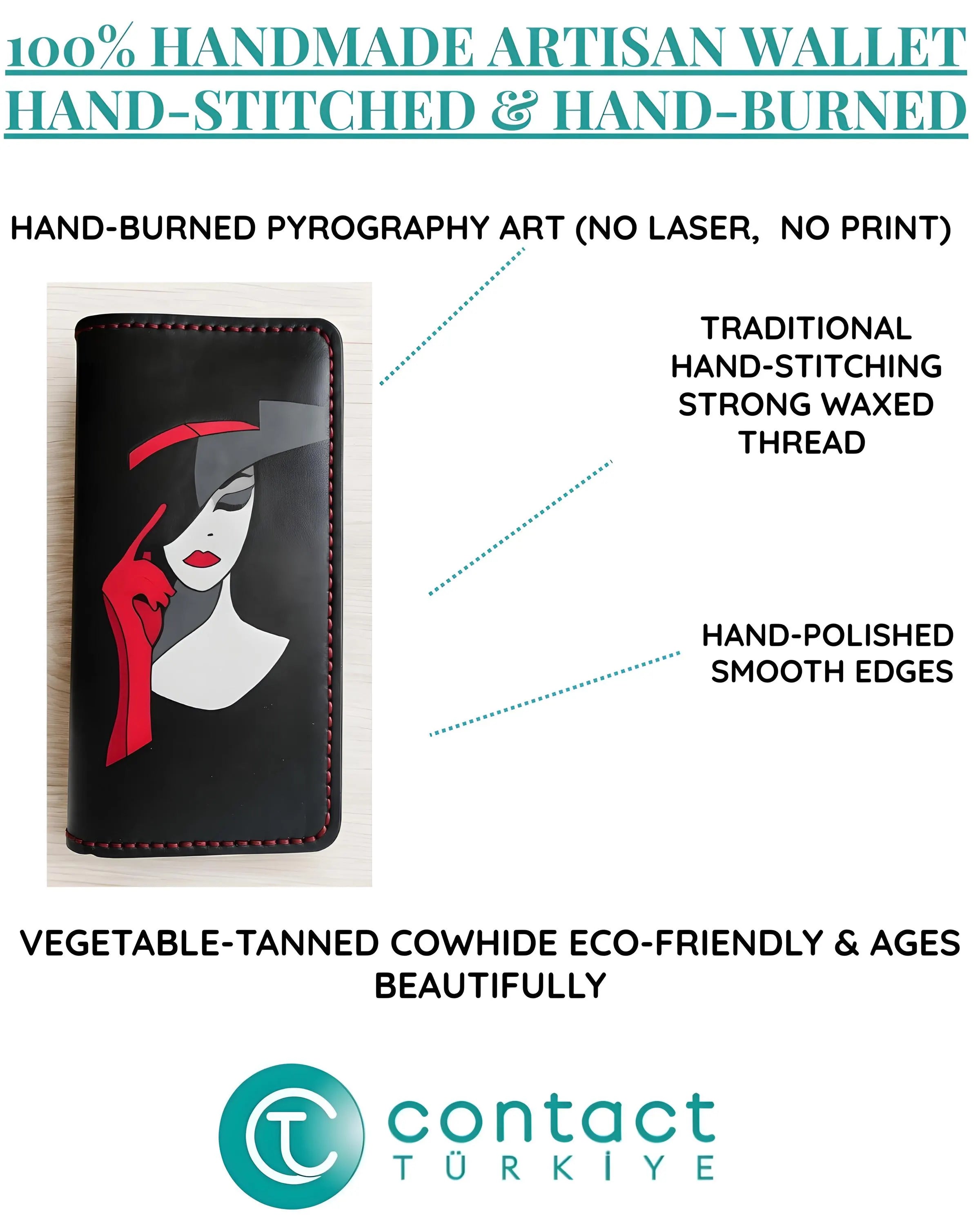 Lady Art Wallet | Hand-Burned Silhouette | Full Grain Leather Slim Long Bifold | Handmade Artisan Purse | Veg-Tan Cowhide