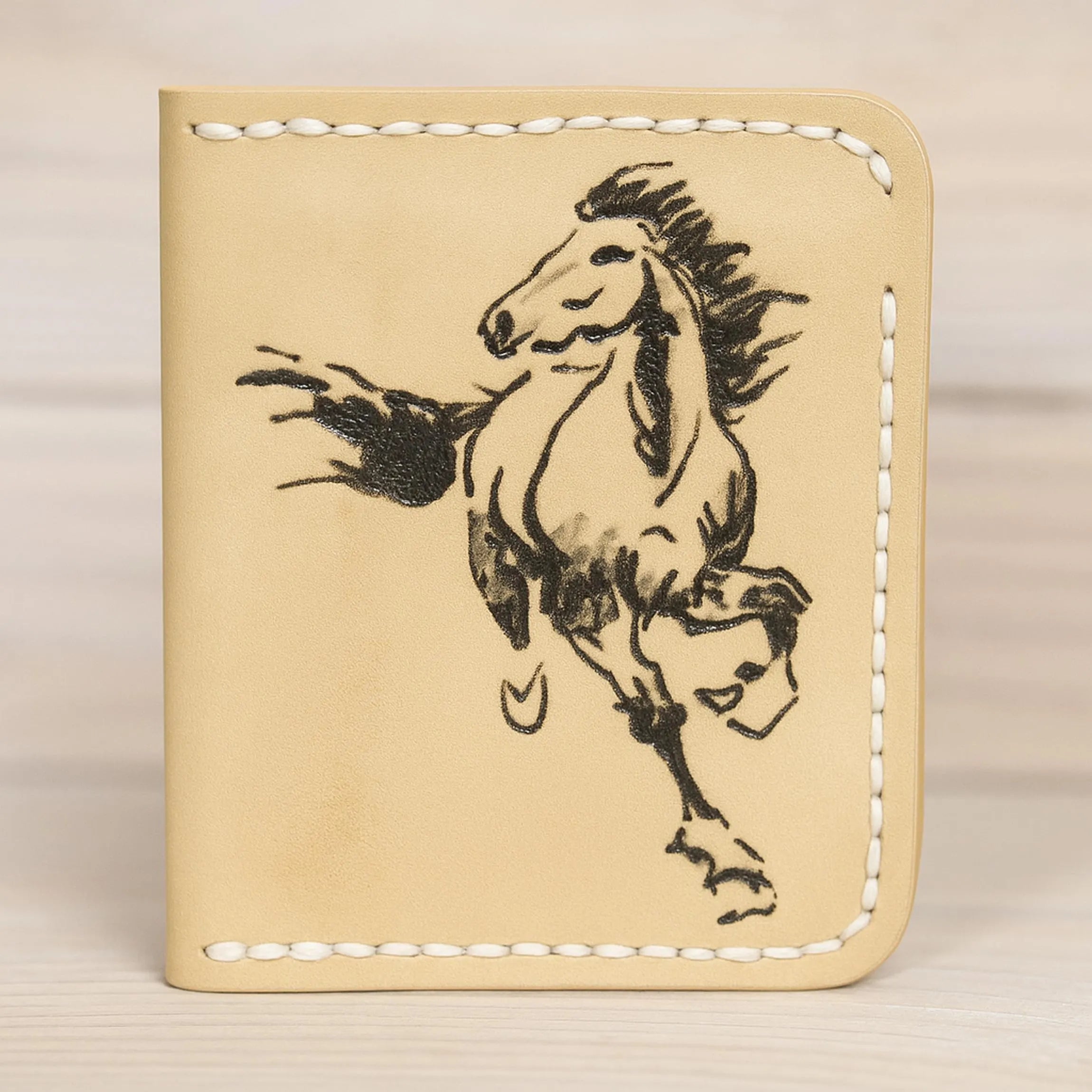 Minimalist Leather Wallet | Hand-Burned Pyrography Art | Animal & Human Figure | Slim Bifold Card Holder | Veg-Tan Full Grain | Personalized