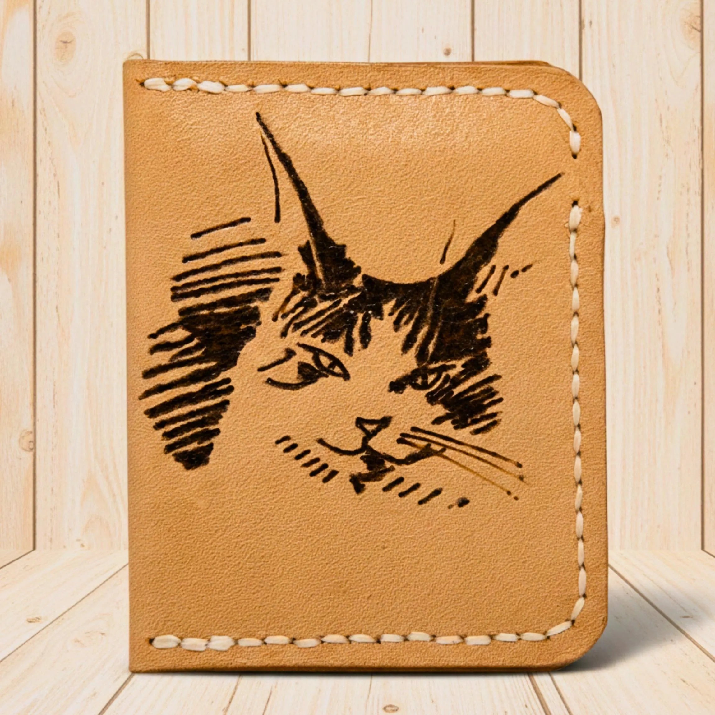 Minimalist Leather Wallet | Hand-Burned Pyrography Art | Animal & Human Figure | Slim Bifold Card Holder | Veg-Tan Full Grain | Personalized