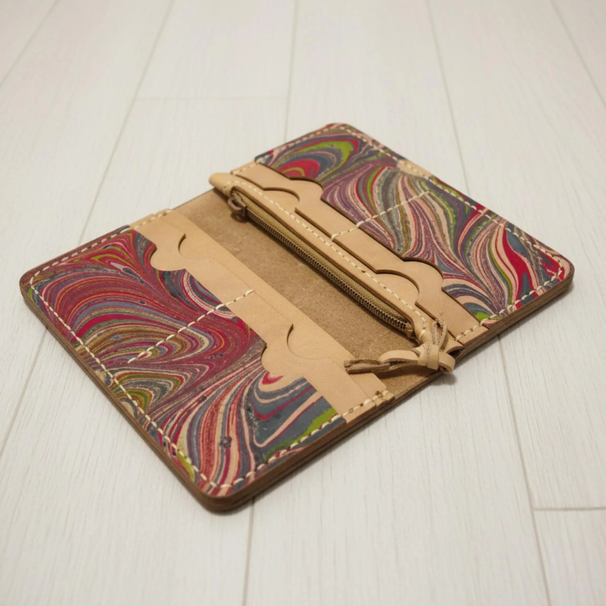 Marbled Leather Wallet | Large Handmade Ebru Art | Unique Long Clutch Purse | Genuine Veg-Tan Cowhide | 3 Variations