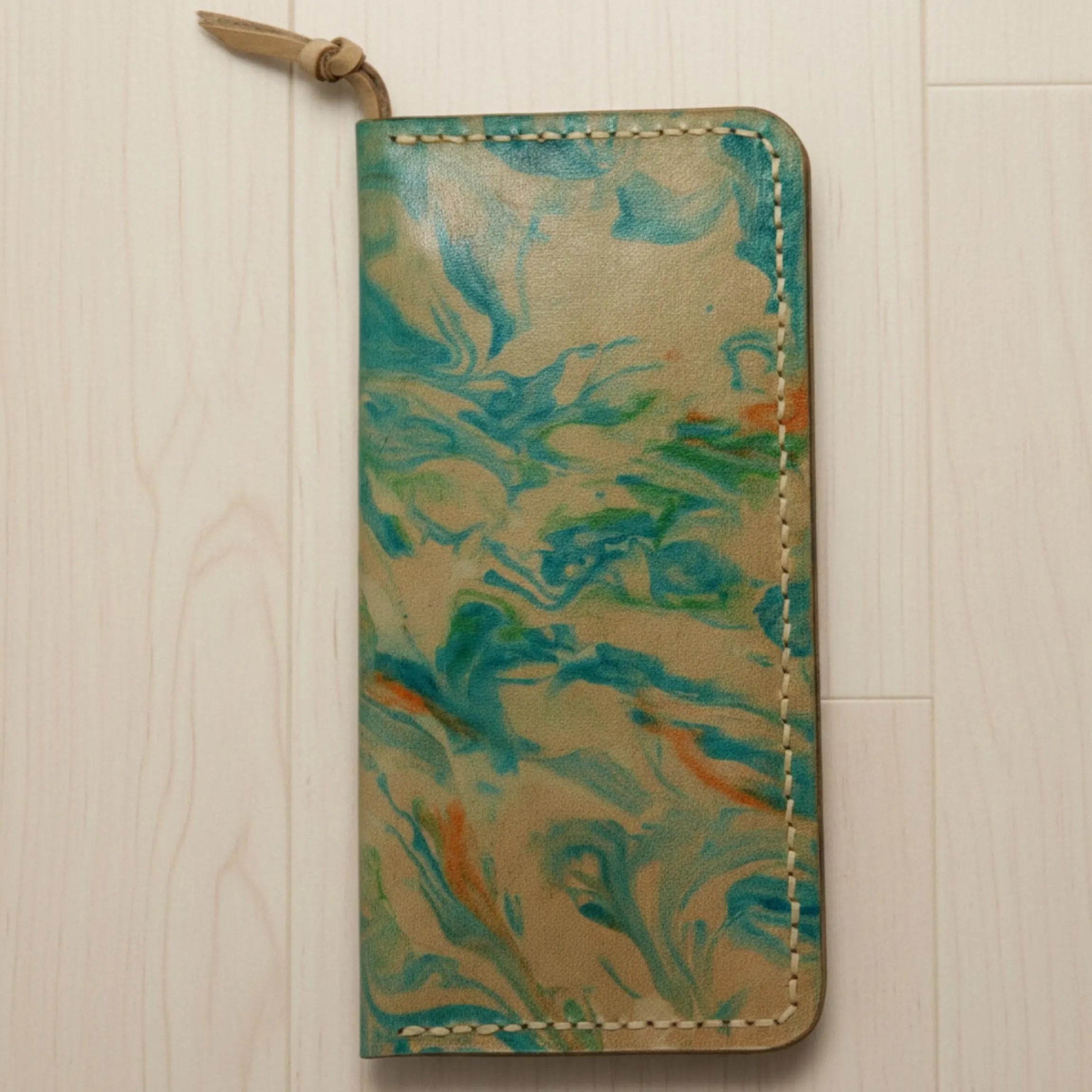 Marbled Leather Wallet | Large Handmade Ebru Art | Unique Long Clutch Purse | Genuine Veg-Tan Cowhide | 3 Variations