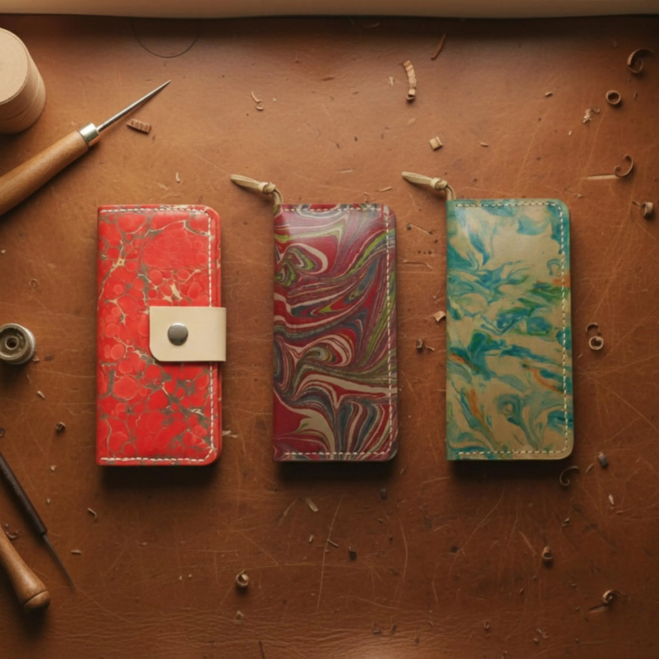 Marbled Leather Wallet | Large Handmade Ebru Art | Unique Long Clutch Purse | Genuine Veg-Tan Cowhide | 3 Variations
