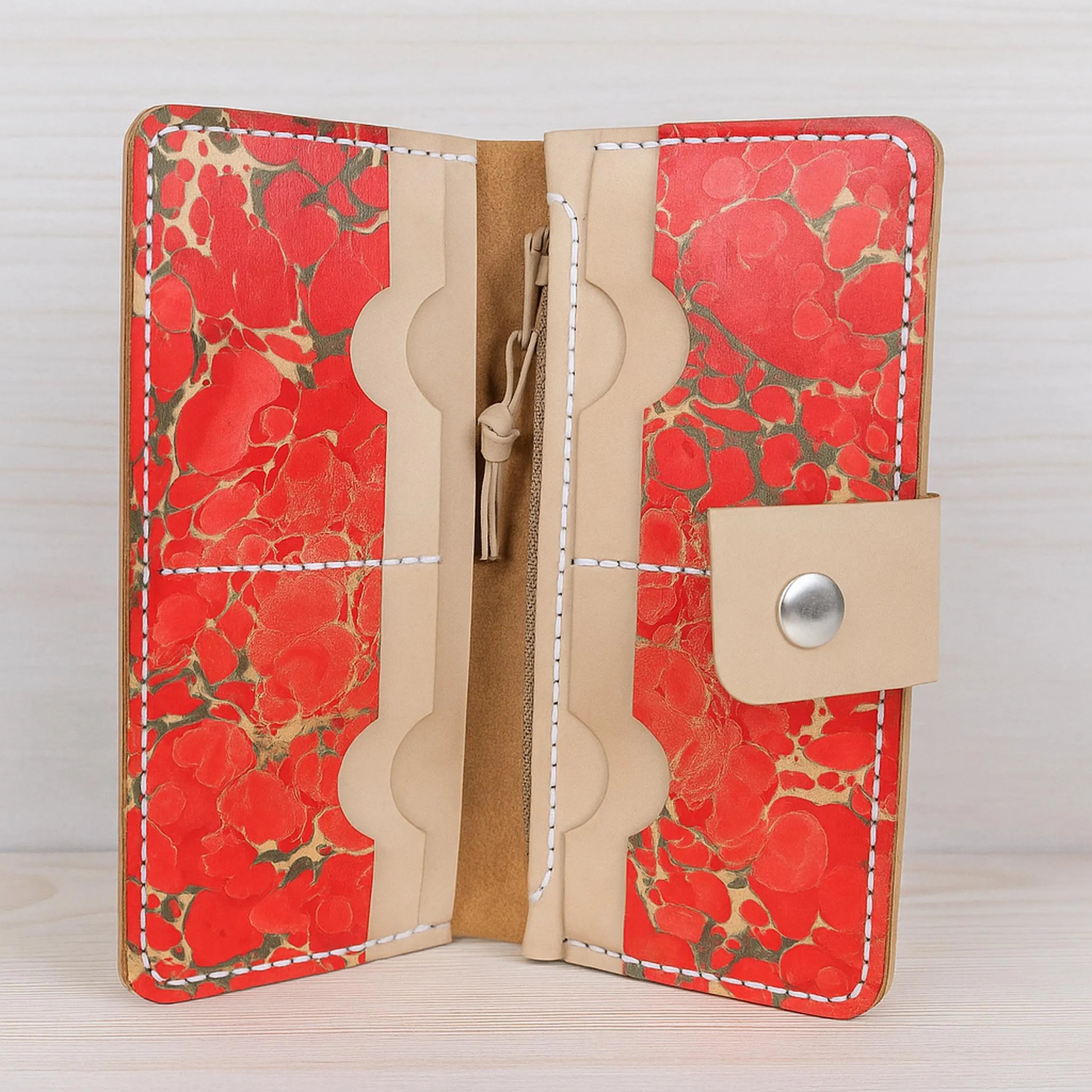 Marbled Leather Wallet | Large Handmade Ebru Art | Unique Long Clutch Purse | Genuine Veg-Tan Cowhide | 3 Variations