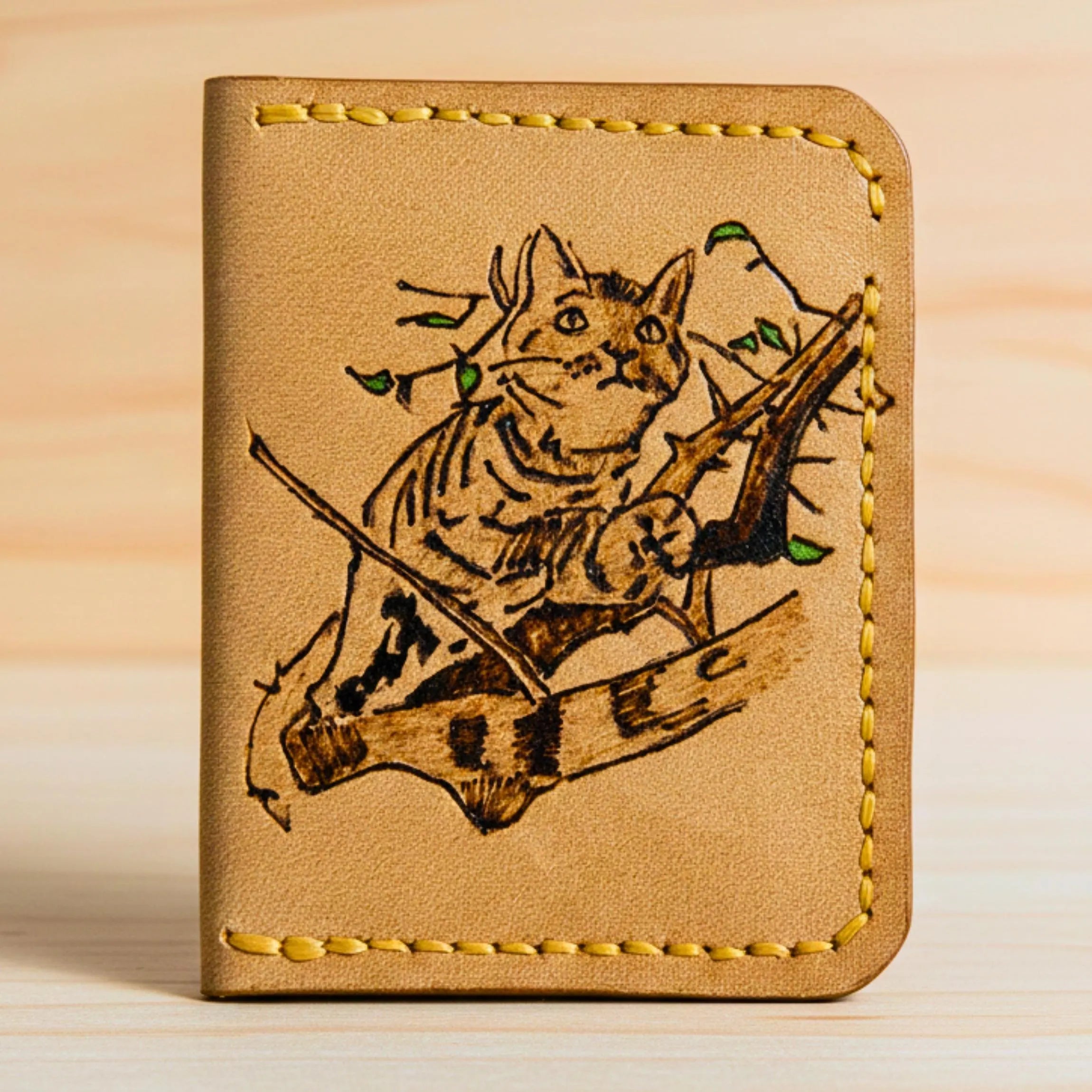 Minimalist Leather Wallet | Hand-Burned Pyrography Art | Animal & Human Figure | Slim Bifold Card Holder | Veg-Tan Full Grain | Personalized