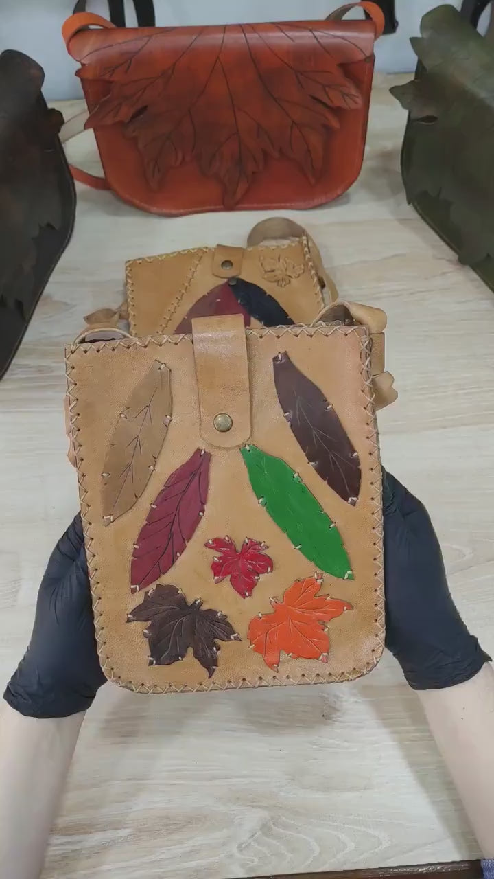 Leaf Patchwork Leather Crossbody Bag | Botanical Appliqué Satchel | Boho Festival Nature Forest | Full Grain Tan Cowhide