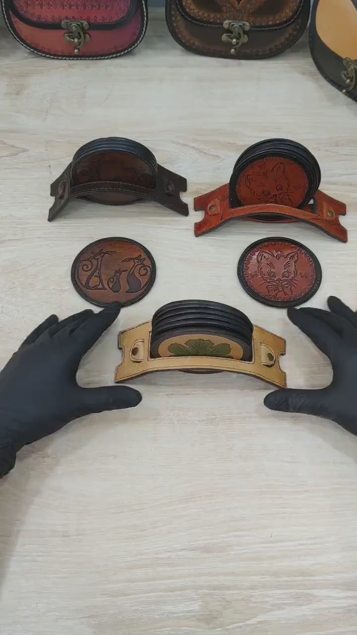 Leather Coaster Set | Cat Face Maple Leaf Pyrography Art | Rustic Farmhouse Barware | Hand-Burned Veg-Tan | 6 Pieces