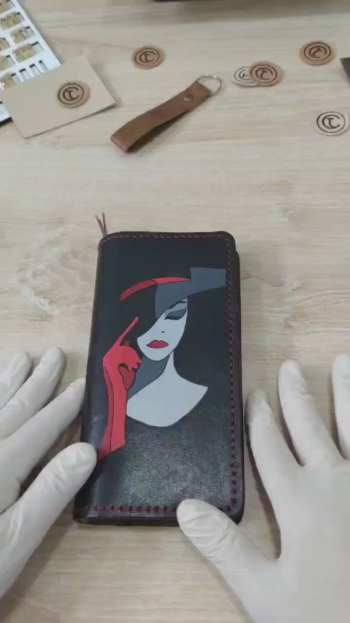 Lady Art Wallet | Hand-Burned Silhouette | Full Grain Leather Slim Long Bifold | Handmade Artisan Purse | Veg-Tan Cowhide